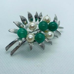 Vintage Sterling Silver Jade & Faux Pearl Leaf Brooch